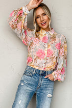 Load image into Gallery viewer, Pink All Floral Puff Sleeve Collared Shirt | Tops/Blouses &amp; Shirts
