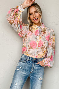 Pink All Floral Puff Sleeve Collared Shirt | Tops/Blouses & Shirts