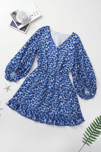 Blue Sky Blue/Blue/Apricot V Neck Lantern Sleeves Floral Tunic Dress | Dresses/Floral Dresses