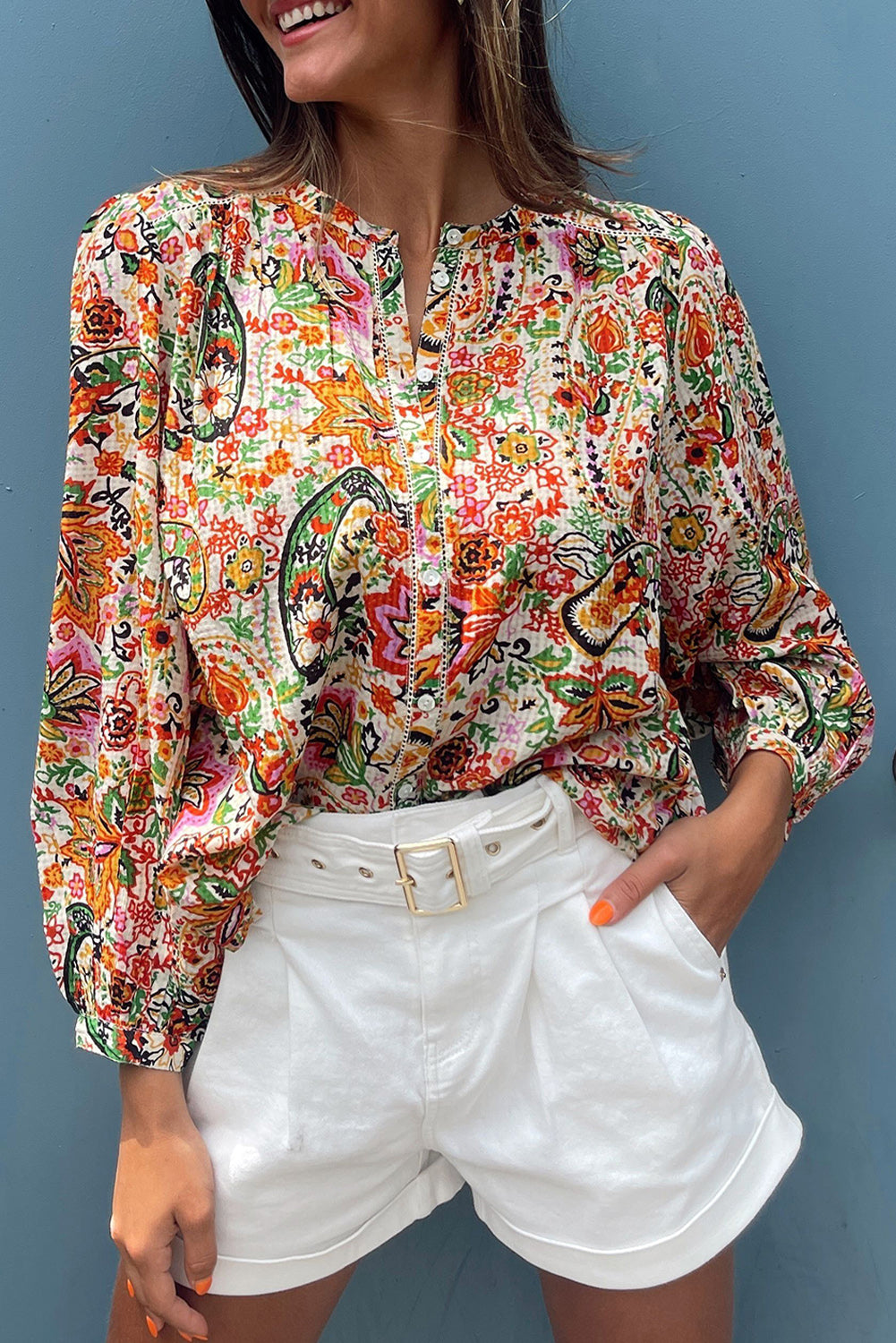 Puff Sleeve Shirt | Multicolor Floral Print Lace Splicing Button up