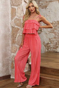 Womens Pants Set-Layered Tie Shoulder Top and Wide Leg Pants Set | jumpsuit