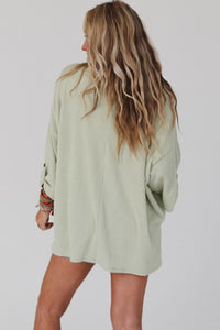 Oversized Top | Green Ribbed Roll-Tab Sleeve Chest Pocket