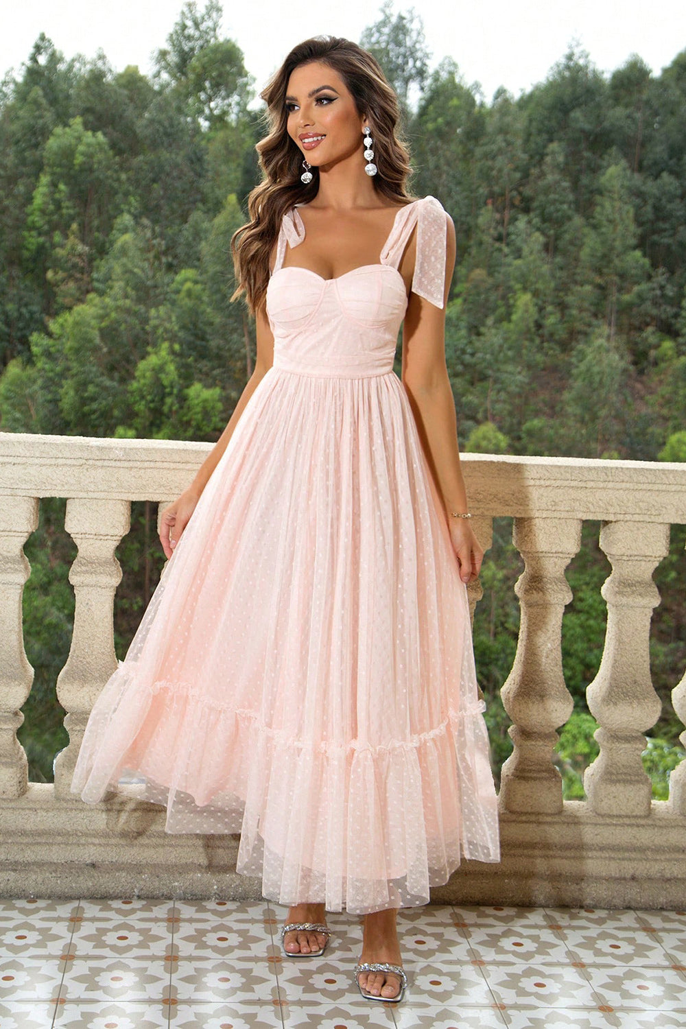 Formal Summer Dress | Pink Tie-Shoulder Sweetheart Neck Dress