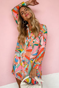 Long Sleeve Shirt Dress | Multi-Color Geometric Abstract Print