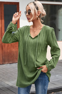 V Neck Blouse | Green Casual Pleated Textured Top