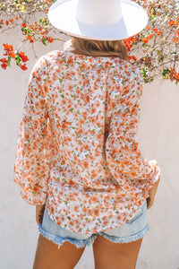 Orange Floral Print V Neck Long Puff Sleeve Top | Tops/Blouses & Shirts