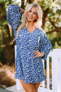 Blue Sky Blue/Blue/Apricot V Neck Lantern Sleeves Floral Tunic Dress | Dresses/Floral Dresses