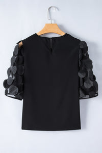 Half Sleeve Blouse | Black Contrast Applique Mesh Top