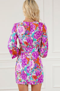 Mini Dress | Purple Floral Keyhole Back Long Sleeve Belted