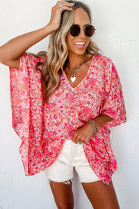 Pink Boho Floral V Neck Kimono Style Blouse | Tops/Blouses & Shirts