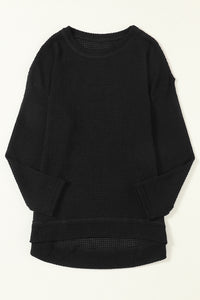 Oversized Top | Black Waffle Knit High Slits