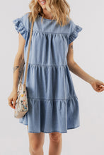 Load image into Gallery viewer, Denim Dress | Blue Ruffle Short Sleeve Tiered A-line Dress
