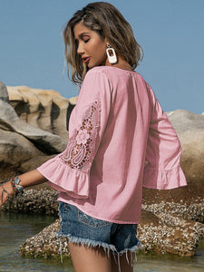 Pink V-Neck Lace Flounce Sleeve Blouse