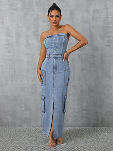 Slit Tube Denim Dress