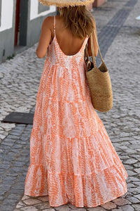 Orange Abstract Print Spaghetti Straps Backless Tiered Maxi Dress | Dresses/Maxi Dresses