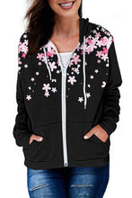 Load image into Gallery viewer, Black Cherry Blossoms Print Pocketed Zipped Hooded Coat | Outerwear/Coats
