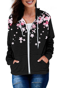 Black Cherry Blossoms Print Pocketed Zipped Hooded Coat | Outerwear/Coats