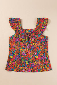 Multicolour Floral Print Cap Sleeve Square Neck Back Knot Blouse