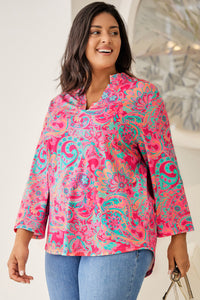 Rose Plus Size Paisley Print V Neck Roll Tab Sleeve Blouse | Plus Size/Plus Size Tops/Plus Size Blouses & Shirts