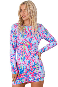 Mini Dress | Sky Blue Floral Print Long Sleeve