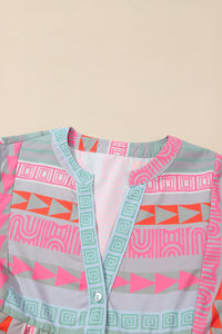 Multicolour Boho Geometric Print Split Neck Ruffle Blouse | Tops/Blouses & Shirts