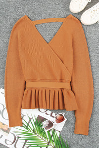 Brown Rib Knit Surplice Neck Belted Peplum Sweater | Tops/Sweaters & Cardigans