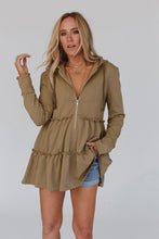 Load image into Gallery viewer, Khaki Tiered Ruffled Zip-Up Drawstring Hooded Jacket | Outerwear/Jackets
