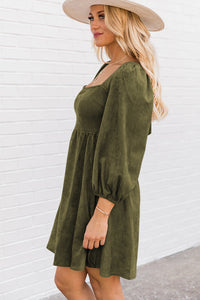 Jungle Green Suede Square Neck Puff Sleeve Dress