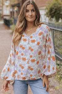 Multicolour Floral Print V Neck Puffy Lantern Sleeve Blouse | Tops/Blouses & Shirts