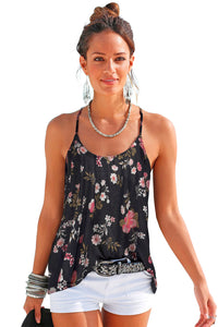 Black Floral Spaghetti Straps Strappy Back Tank Top | Tops/Tank Tops