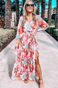 Maxi Dress | Tropical Plant Print Long Sleeve Wrap Dress