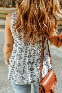 White Tribal Geometric Print Tiered Frilled V Neck Tank Top | Tops/Tank Tops