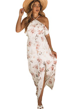 Load image into Gallery viewer, White Floral Slit Ruffled Halterneck Maxi Dress
