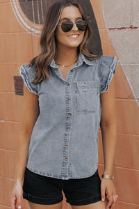 Denim Shirt | Beau Blue Frayed Ruffle Sleeve Top