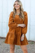 Load image into Gallery viewer, Chestnut Square Neck Puff Sleeve Tiered Corduroy Mini Dress
