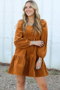 Chestnut Square Neck Puff Sleeve Tiered Corduroy Mini Dress