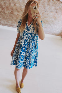 Blue Ricrac Trim Split Neck Floral Loose Dress | Dresses/Floral Dresses