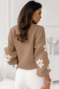 Pale Khaki Pink Floral Pattern Drop Shoulder Sweater | Tops/Sweaters & Cardigans