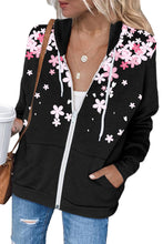 Load image into Gallery viewer, Black Cherry Blossoms Print Pocketed Zipped Hooded Coat | Outerwear/Coats
