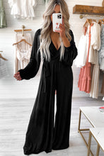 Load image into Gallery viewer, Black Cutout Back Belted V Neck Wide Leg Jumpsuit | Bottoms/Jumpsuits &amp; Rompers
