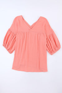 Pink Textured V Neck Bracelet Sleeve Babydoll Blouse | Tops/Blouses & Shirts