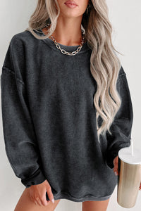 Pullover Sweatshirt | Black Solid Ribbed Knit Round Neck