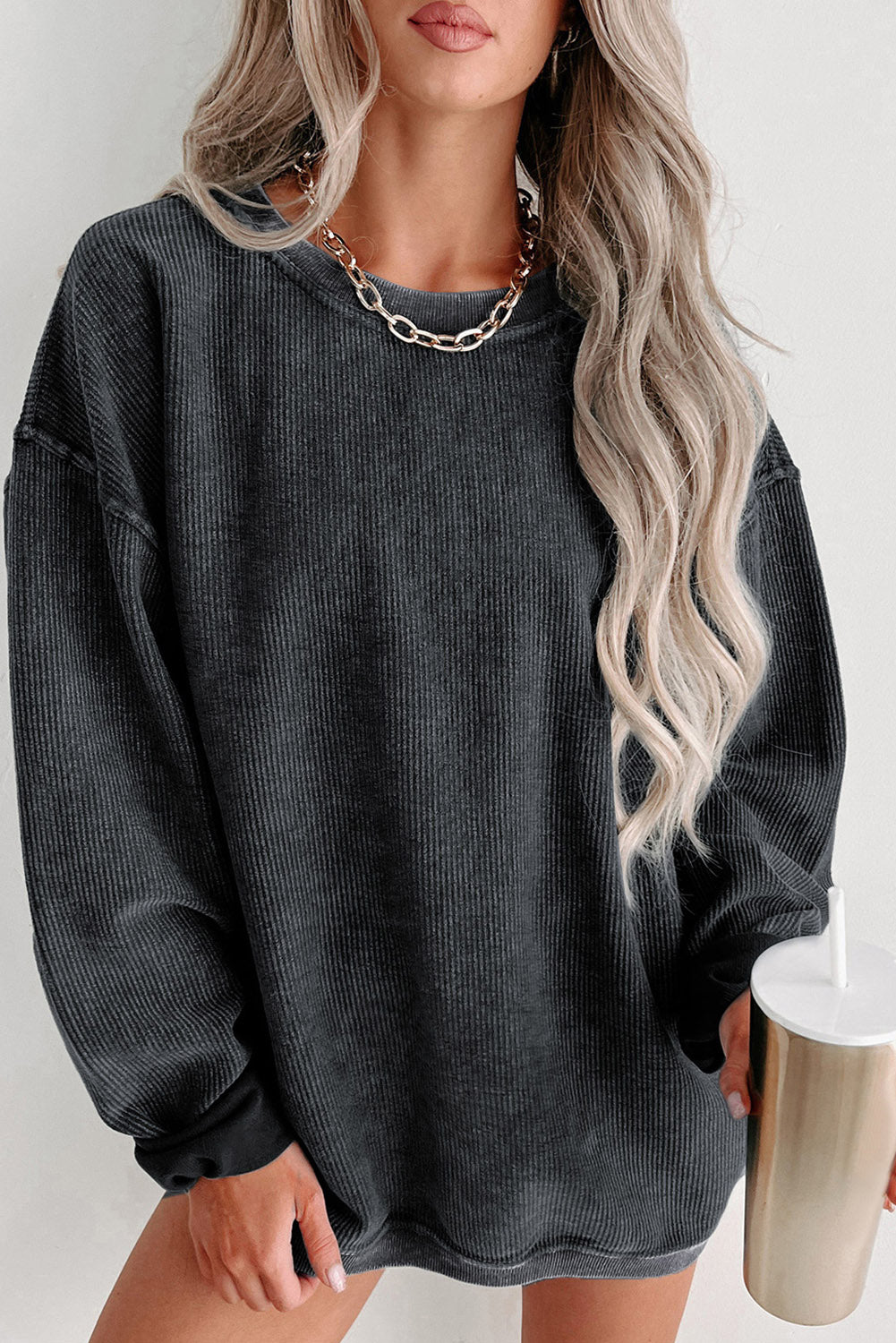 Pullover Sweatshirt | Black Solid Ribbed Knit Round Neck