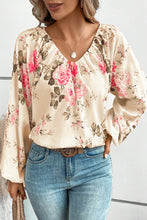 Load image into Gallery viewer, Beige Floral Print Lantern Sleeve V-Neck Blouse | Tops/Blouses &amp; Shirts
