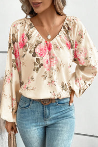 Beige Floral Print Lantern Sleeve V-Neck Blouse | Tops/Blouses & Shirts