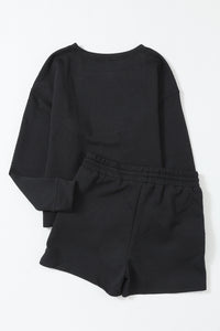 Drawstring Shorts Set | Black Textured Long Sleeve Top Shorts