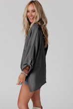 Load image into Gallery viewer, Oversized Top | Dark Gray Ribbed Roll-Tab Sleeve Chest Pocket
