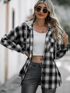 Drawstring Plaid Hooded Shacket