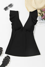 Load image into Gallery viewer, Black Sexy V Neck Ruffle Sleeve Tankini Top | Swimwear/Swim Tops
