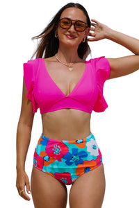 Rose V Neck Ruffles Floral Print High Waist Bikini | Swimwear/High Waisted Swimsuit